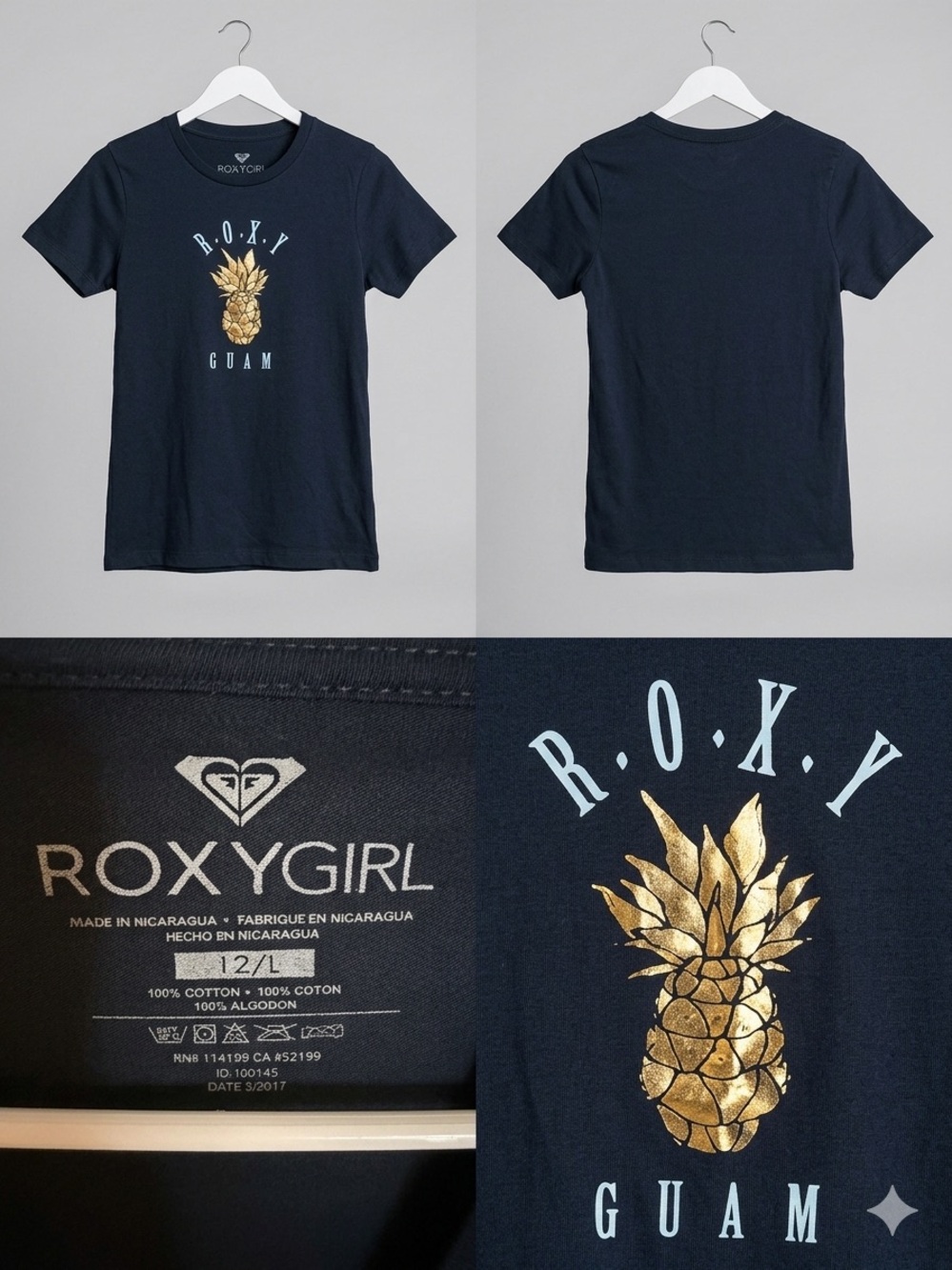 NWT Roxy Girl Kids Size Large 12 Pineapple Guam Graphic Tee - Navy